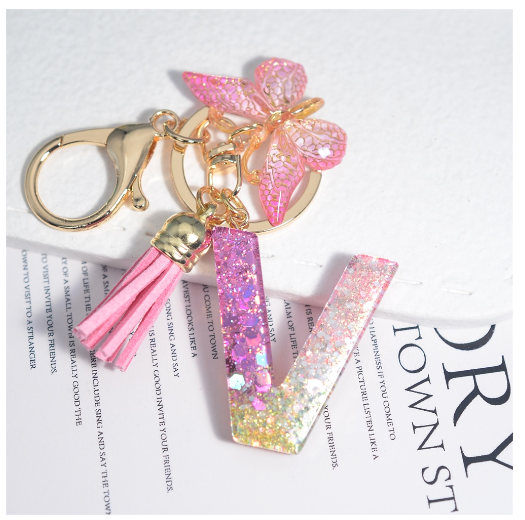 Glitter Sequin Filled 26 Letter Keychain With Tassel Exquisite Butterfly A-Z Alphabet Keyrings Women Bag Pendant Ornaments Gifts V