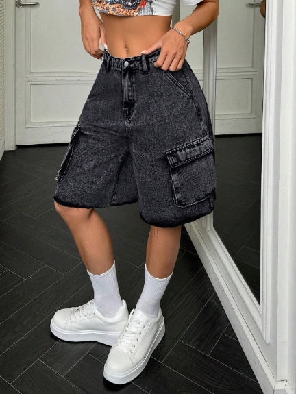 SHEIN EZwear Women's Casual Loose Fit Black Denim Shorts Workwear Style With Functional Pockets And Mid-Calf Length