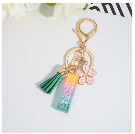 Fashion 26 Letter Resin Keychain A-Z Round Sequins Filled Alphabet Flower Pendant Keyring with Tassel Bag Ornament Accessories I