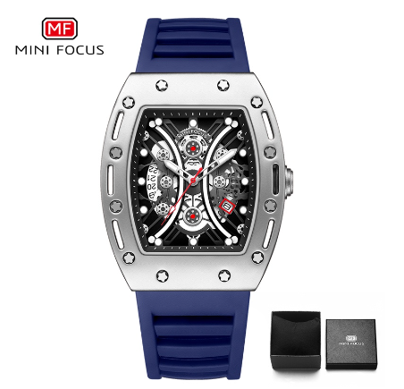 Mini Focus Barrel Watch Men Fashion Military Sports Analog Quartz Calendar Luxury Business Watch SILVER BLUE
