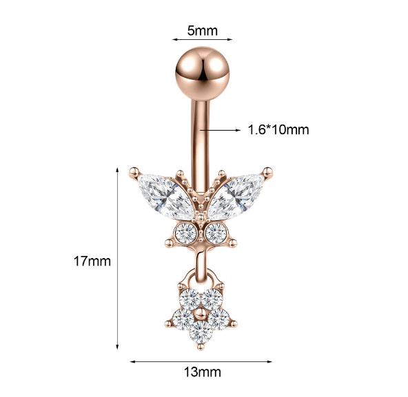 1PC Stainless Steel Navel Ring Crystal Pendant Navel Piercing Butterfly-pattern Wing-shape Heart-shape Prevent Allergy Navel Ring S13
