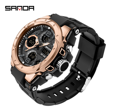 Sanda Waterproof Movement Men Watches Multifunctional Sports Luxury Quartz Men Night Light Swimming LED Men's Watch ROSEGOLD