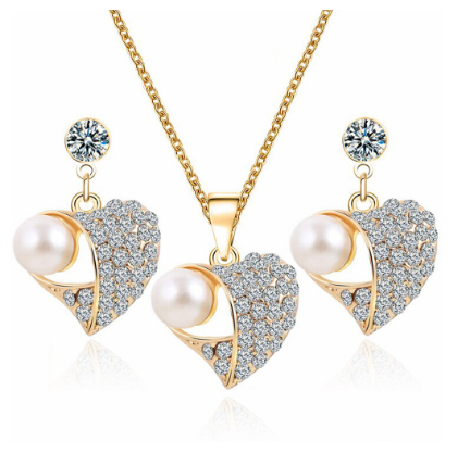 Women's Gold Plated Pearl Rhinestone Crystal Necklace Earrings Jewelry Set