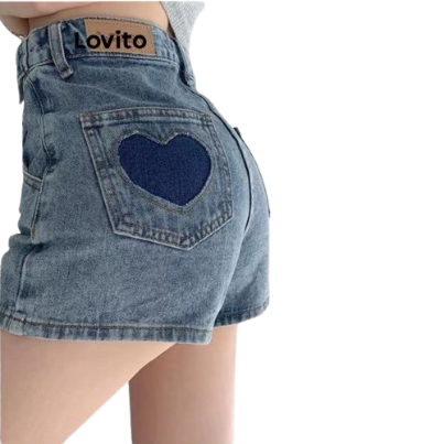 Lovito Casual Heartshape Pattern Denim Shorts for Women LNE16254 (Blue)