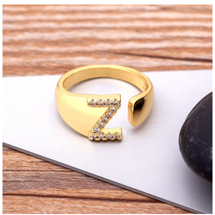 Fashion Chunky Wide Hollow A-Z Letter Gold Color Opening Ring Initials Name Alphabet Female Jewelry Z