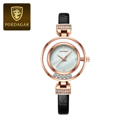 POEDAGAR genuine leather watch for women original waterproof korean style 2023 new fashion elegant diamond double ring dial design WHITE