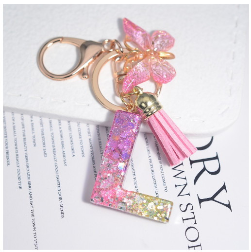 Glitter Sequin Filled 26 Letter Keychain With Tassel Exquisite Butterfly A-Z Alphabet Keyrings Women Bag Pendant Ornaments Gifts L