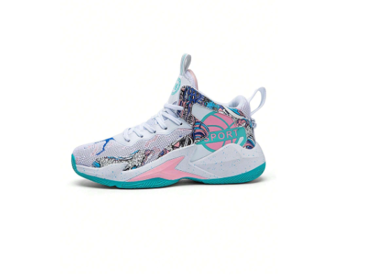 New Graffiti Men's Basketball Shoes Anti-Slip Shock Absorption Competition Basketball Shoes, Fashionable Breathable Practical High-Top Streetball Sneakers, Textile Minimalist Lightweight Lace-Up White