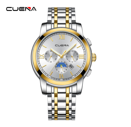 CUENA Men's Watches Original Brand Stainless Steel Waterproof Quartz Analog Business Sports 6052 SILVER GOLD WHITE