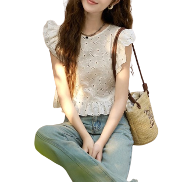 Lovito Women Eyelet Embroidery Ruffle Tank Top LNE20172 (White)