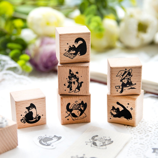 Cute Little Black Cat Decoration Wooden Rubber Stamps for Scrapbooking Journal Stationery Diy Craft Retro Standard Seal
