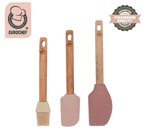 Eurochef 3pc Silicone Spatula and Pastry Brush Baking Set MT023 with Wooden Handle Bakeware Utensils