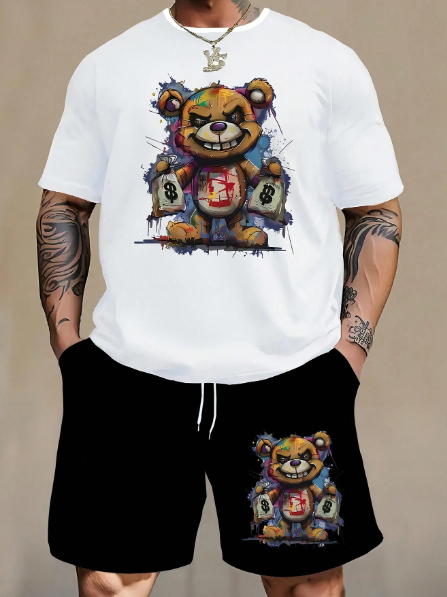 Men's Plus Size Bear Printed T-Shirt Set