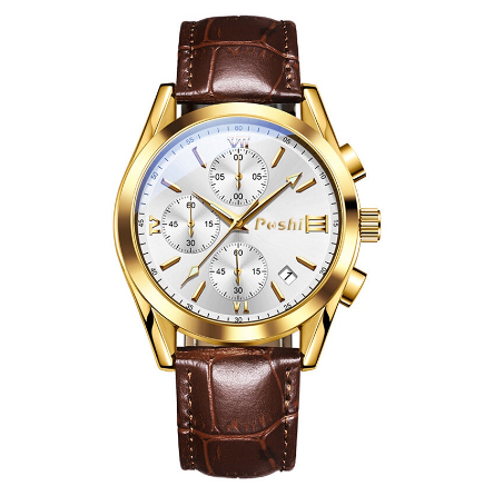 POSHI Men Watch Original Waterproof Exquisite High-End Sports Quartz Watches For Authentic Leather GOLD WHITE