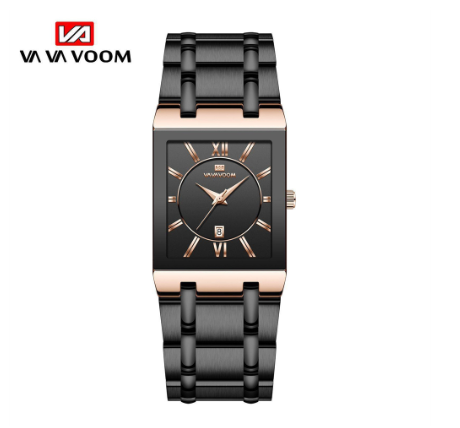 VA VA VOOM Men Square Watch Waterproof Mens Watches Top Brand Luxury Golden Quartz Stainless Steel Waterproof Wristwatch ALL BLACK