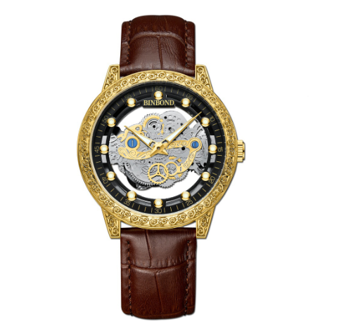 Binbond 100% Original Men's Double Hollow Fashion Stainless Steel Luxury Waterproof Gold Business Quartz Watch M5
