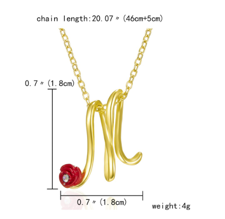 Fashion 26 Letter Necklace Ladies Red Rose Flower Clavicle Pendant Necklace Rhinestone Retro English Letter Necklace M