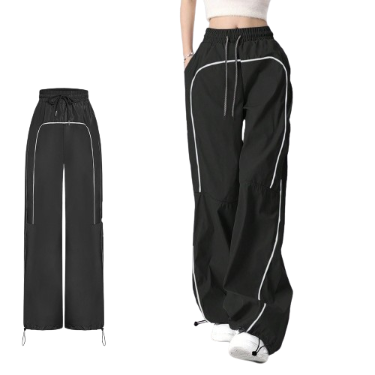 Lovito Women Casual Plain Drawstring Side Stripe Contrast Binding Pants L68ED316 (Black)