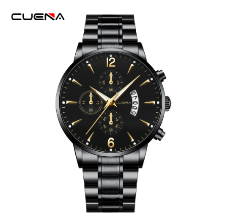 Original CUENA Men's Watches Fashion Slim 43CM Dial Casual Business Sports Stainless Steel Waterproof Quartz Analog Watch BLACK GOLD