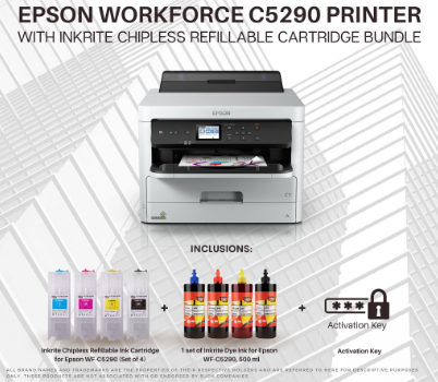 Epson WF-C5290 Printer with Inkrite Chipless Refillable Cartridge, Dye Inks, and Act Key