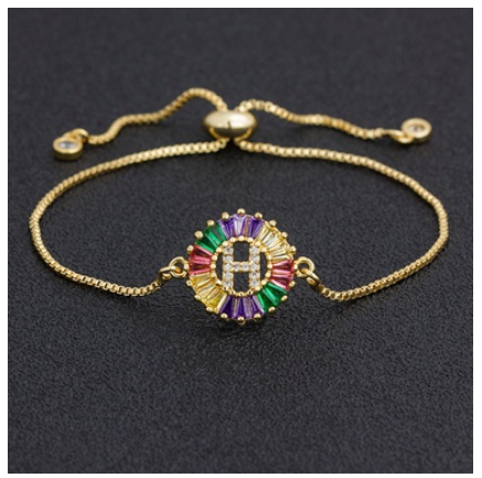 New Fashion A-Z Initial Colorful Cubic Zircon Letter Bracelets Adjustable Chain Rainbow Jewelry H