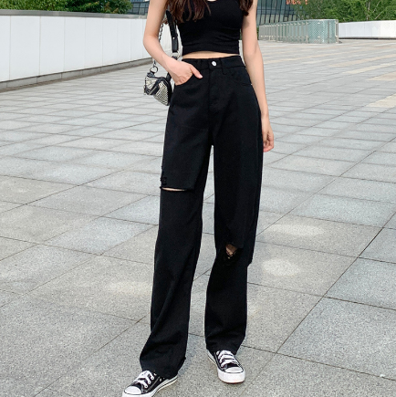 Oversized Korean Loose Straight High Waist Pants Women's Black Wide Pants Holed Jeans