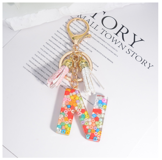 Colorful Beades Filled A-Z 26 Letter Keychains For Women Fashion Initials Keyring With Tassel Bag Pendant Accessories Souvenir N