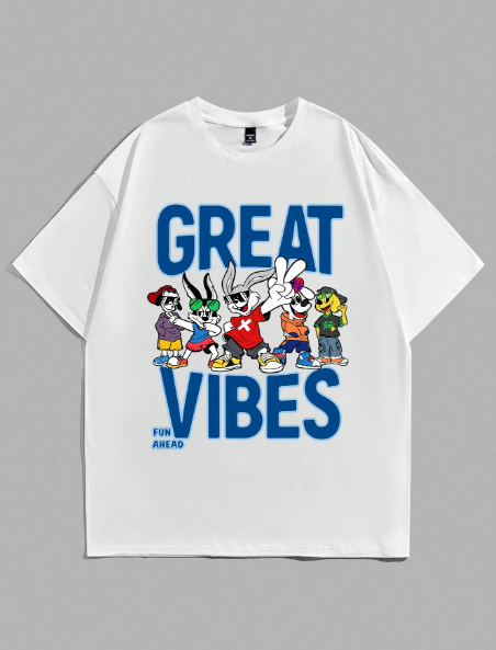 Manfinity Homme Plus Size Men's Summer Casual Cartoon Letter Printed Drop Shoulder T-Shirt