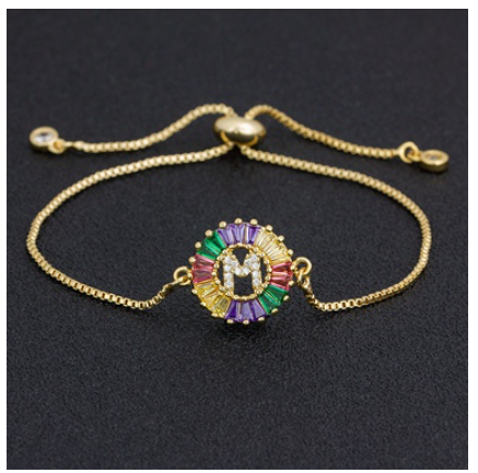 New Fashion A-Z Initial Colorful Cubic Zircon Letter Bracelets Adjustable Chain Rainbow Jewelry M
