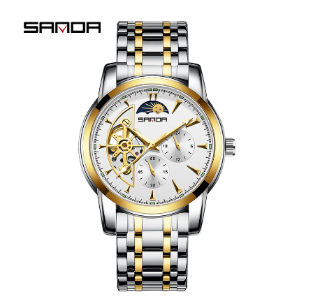 Sanda Premium Commercial Steel Strap Three Hand Water Resistant Luxury Quartz Watch GOLD WHITE STEEL STRAP