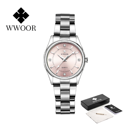WWOOR New Luxury Watch Woman Elegant Dress Ladies Quartz Bracelet Watch For Women Clock Fashion Stainless Steel Waterproof Watch PINK DIAL SILVER CASE STRAP
