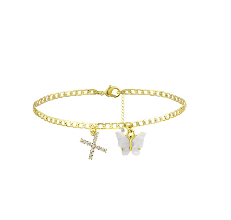 Fation Dainty Butterfly Initial Ankle Bracelets Handmade Cuban Chain White Butterfly A-Z Alphabet Letter Initial Anklets Summer Beach X