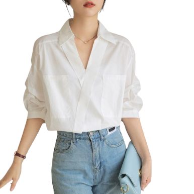 Lovito Women Casual Plain Asymmetrical Pocket Blouse LNE29139 (White)