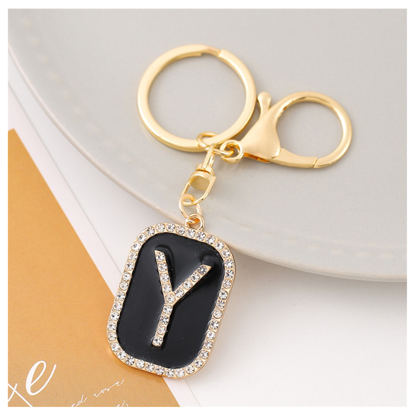 Exquisite Rhinestone 26 Letter Keychain Simple Black Enamel Initials Keyrings For Women Bag Pendant Ornament Car Keyholder Gifts Y