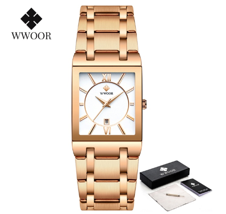 Wwoor Gold Bracelet Watches Men Gevena Square Clock Male Stainless Steel Waterproof Auto Date Quartz Watch WHITE DIAL ROSEGOLD STRAP