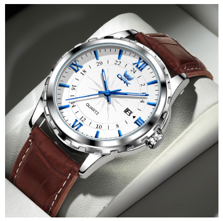 OPK Watch For Men WaterProof Original Stainless Steel Leather Strap Fashion Luminous Calendar Quartz Mens Watch BLUE DIAL BROWN LEATHER STRAP