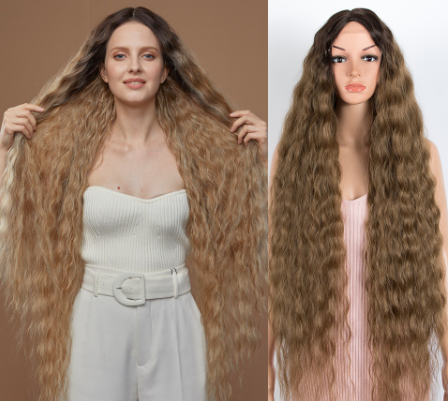 Synthetic Wig Cosplay Loose Wave Fake Hair For Women Ombre Brown Water  Curly Heat Resistant (42 Inches)