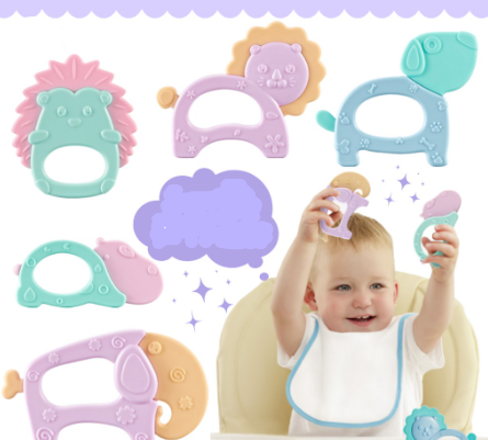 Pom Baby Silicone Animal Design Teether Toys Safety Bite Teether Handbell Baby Rattles Teether