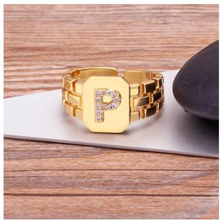 New Arrival Fashion Gold Color Initial Ring Open Design Adjustable Hot Sale A-Z Letters Zircon Rings For Women P