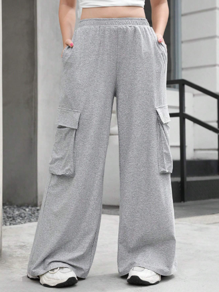 SHEIN Teen Girls' Light Grey Thin Knit Casual Loose Fit Wide Leg Pants With Pockets