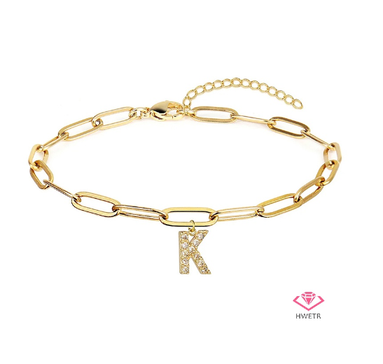 Hwetr Fashion 26 A-Z Initial Bracelet For Women Classic Zircon Letter Pendant Paper Clip Chain Bracelet Jewelry Accessories Gift K