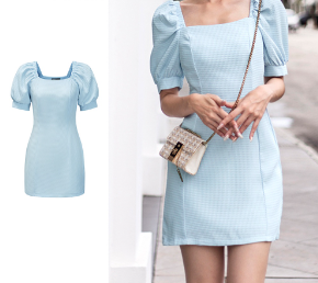 Lovito Women Casual Plain Zipper Puff Sleeve Dress L70AD096 Blue