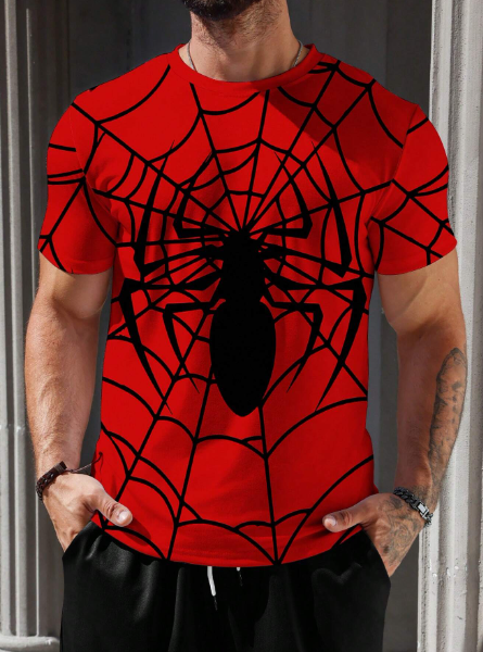 Manfinity Roughcore Men's Plus Size Casual Spider Printed Round Neck Short Sleeve T-Shirt For Summer