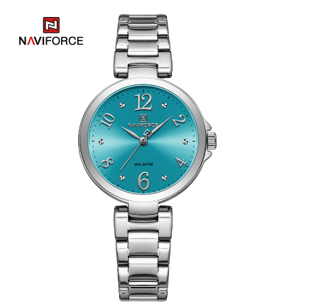 Naviforce Ladies Top Brand Fashion Quartz Stainless Steel Waterproof Analog Date Clock SILVER LIGHT BLUE