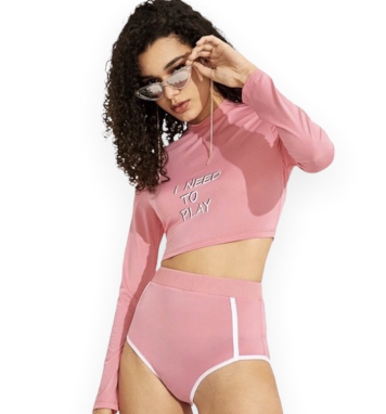 Slim Fit Long Sleeve Crop Top and Contrast Trim Bikini Set Swimsuit / Swimwear - Sporty Swimwear