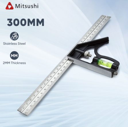 Mitsushi 30cm Adjustable Combination Square Angle Ruler 45/90 Degree With Bubble Level Gauge Measure
