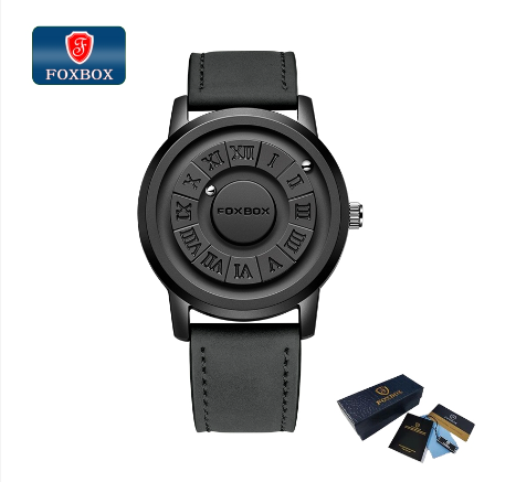 Foxbox Fashion Design Watches Men Personality Creative Magnetic Rolling Beads Quartz Leather&Stainless Steel Waterproof Watch LEATHER BLACK