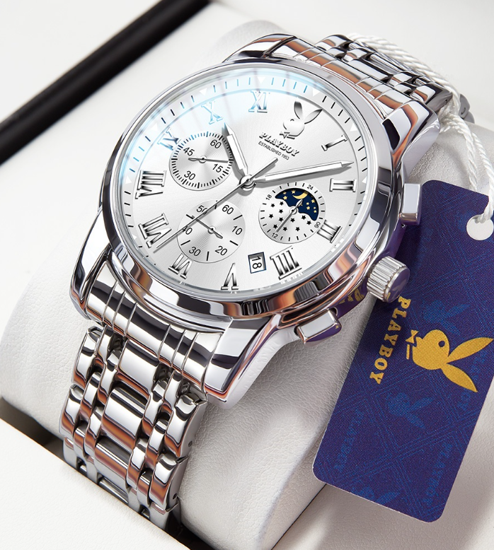 Playboy Watch For Men Waterproof Luminous Chronograph Date Display Stainless Steel Strap Classic Trendy Men's Watch