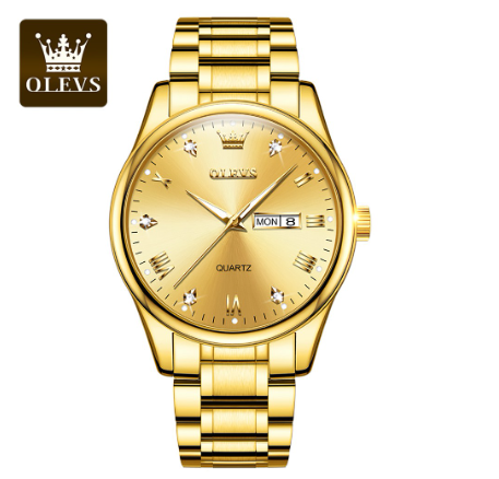 Olevs Watch For Men Original Waterproof Stainless Steel Business Quartz Calendar Luminous Watch GOLD DIAL GOLD STRAP