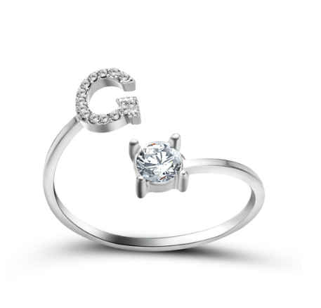 Silver A-Z Letters Ring for Women Cubic Zirconia Initial Letter Ring Fashion Jewelry Gift Adjustable G